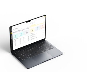 Open laptop displaying the Castoola dashboard interface with campaign analytics. The screen shows charts, performance metrics, and a list of connected campaigns, emphasizing data-driven insights for addressable TV advertising.